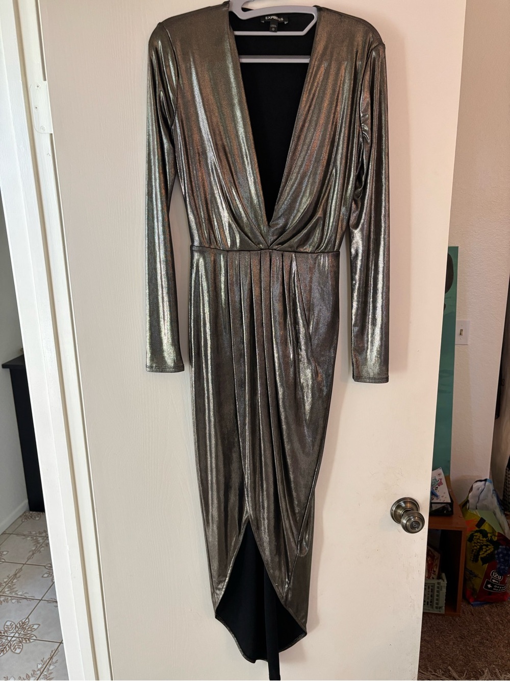 Express Metallic Gunmetal Long Sleeve Draped Midi Dress